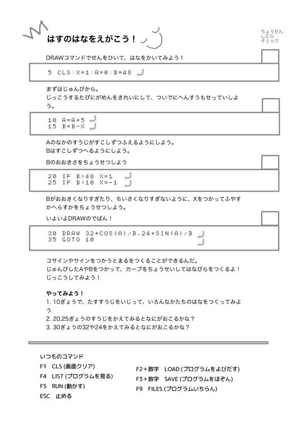 [プリント] PCN幕張のIchigoJam オンライン寺小屋 #2 : SIN/COSで花を描く