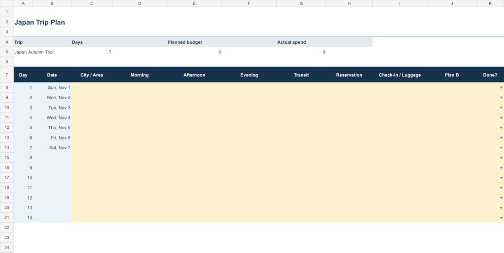 Japan Trip Planner Excel Template | Itinerary, Budget, Bookings & Packing