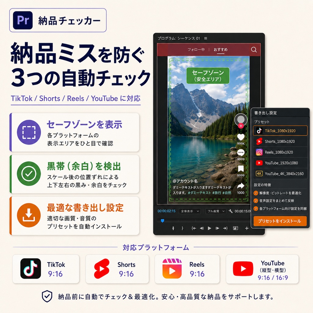【Premeire Pro】セーフゾーン&納品規格プラグイン 納品チェッカー