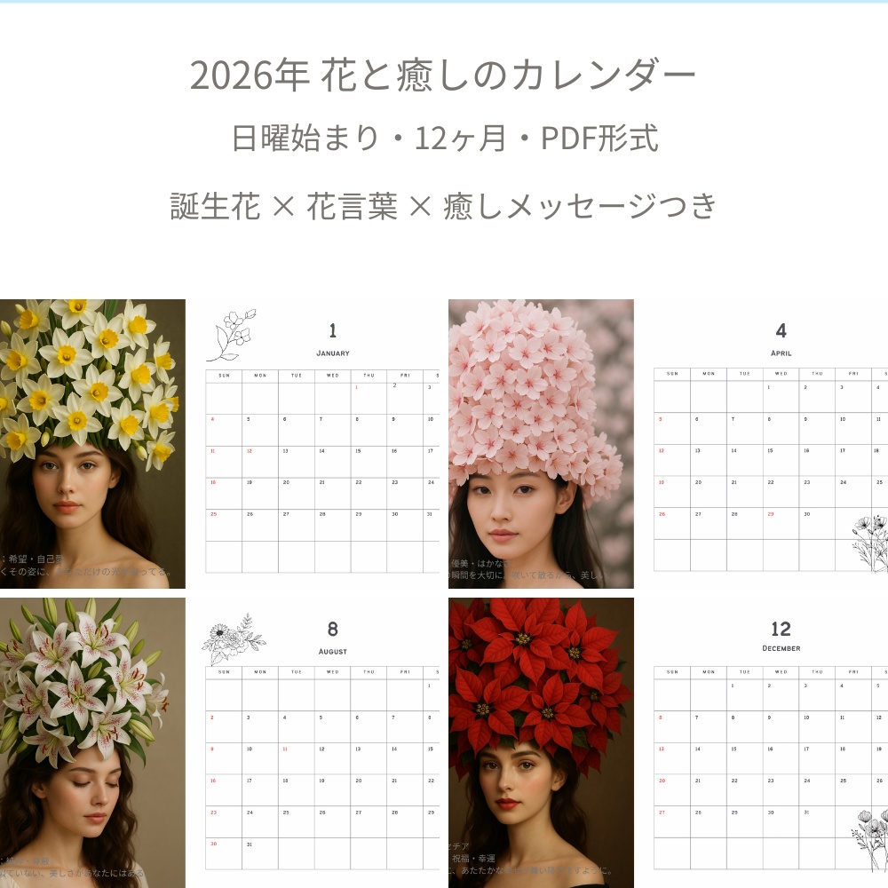 2026年_日曜始まり_花と癒しのカレンダー