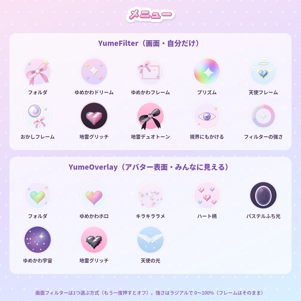 YumeFilter|ゆめかわ・地雷系カメラフィルター(写真フレーム+アバター表面エフェクト/VRChat・Modular Avatar)