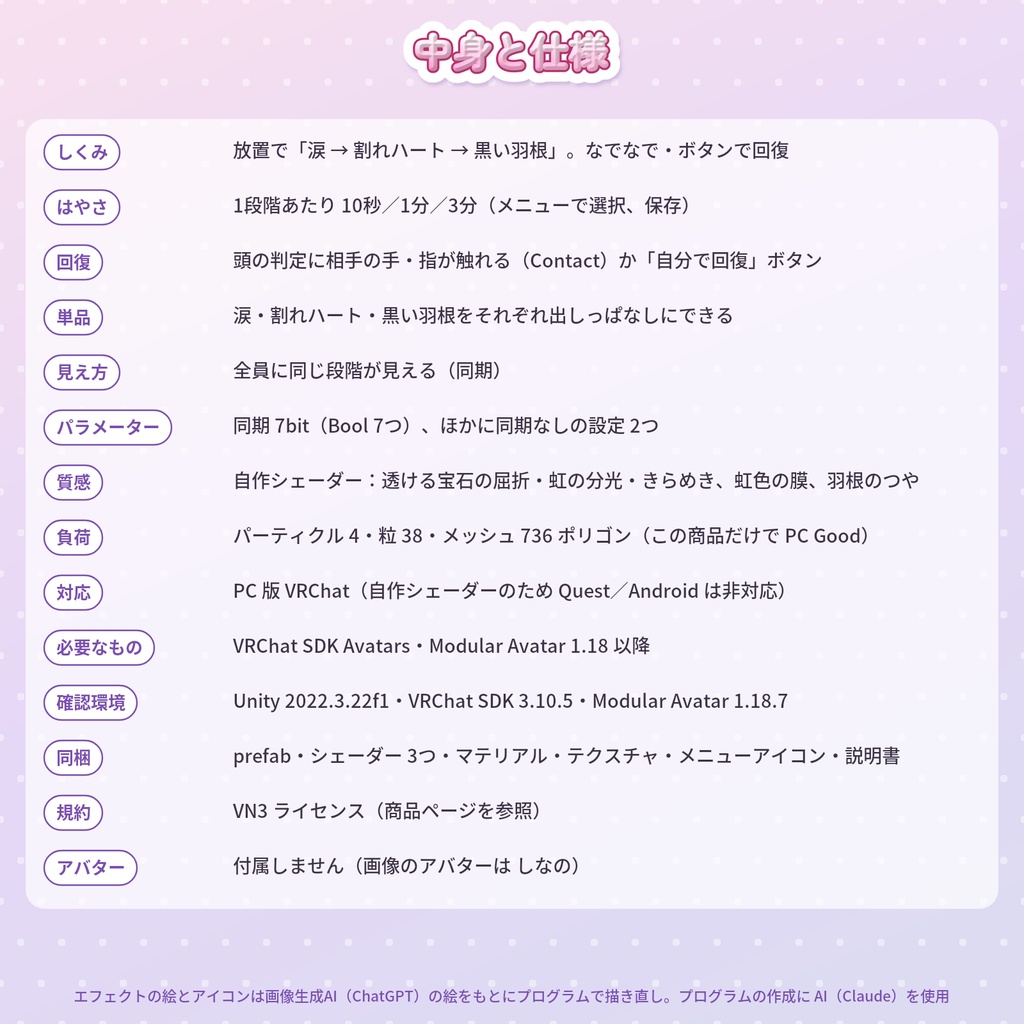 Kamatte|かまってちゃんギミック(放置で病む・なでなでで回復/割れハート・黒い羽根・涙/VRChat・Modular Avatar)