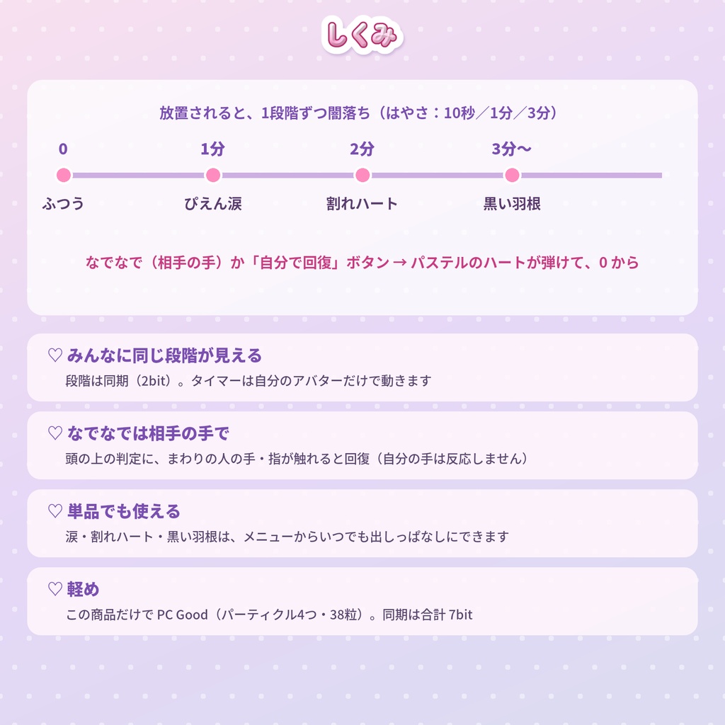 Kamatte|かまってちゃんギミック(放置で病む・なでなでで回復/割れハート・黒い羽根・涙/VRChat・Modular Avatar)