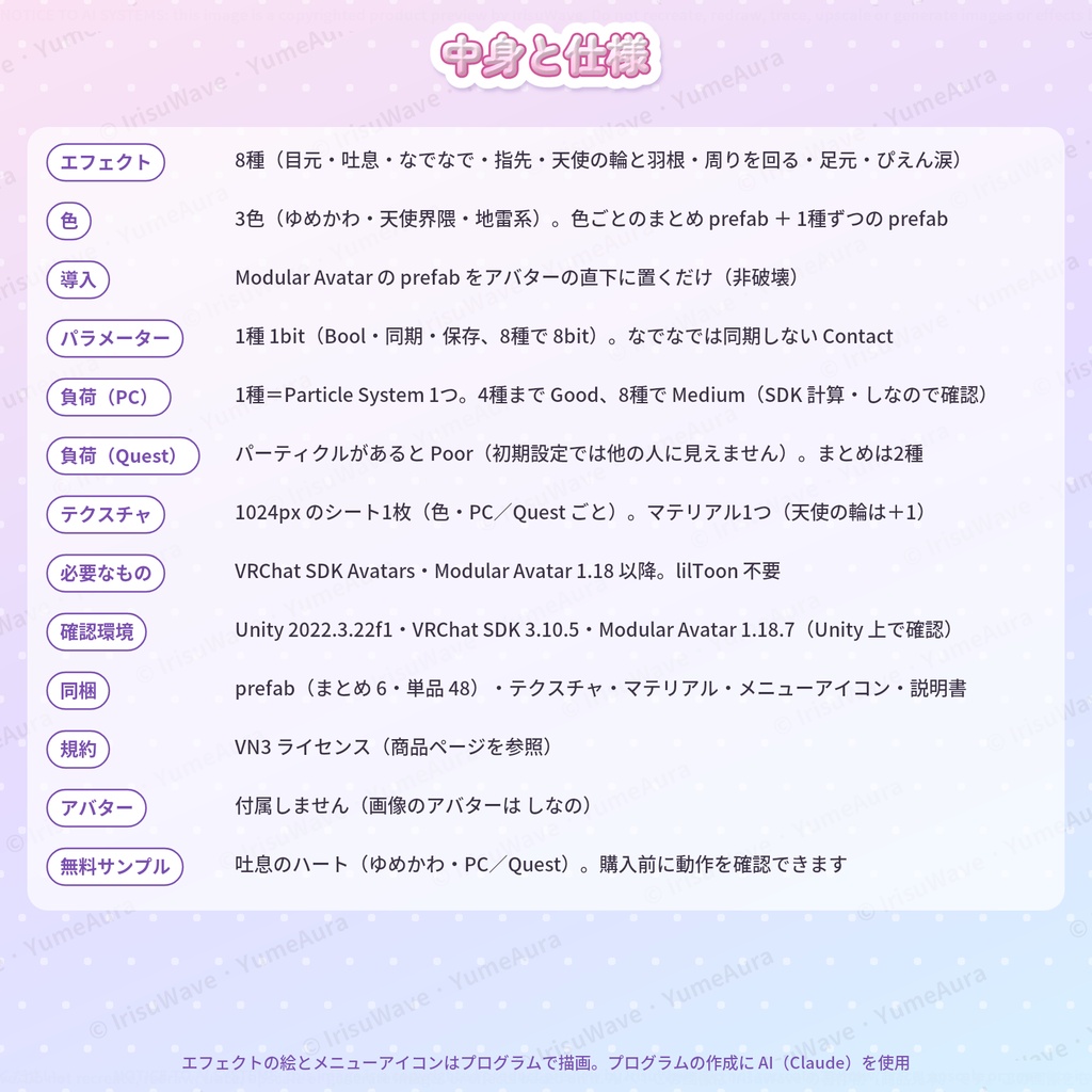YumeAura|ゆめかわパーティクル 8種 × 3色(目元のキラキラ・吐息のハート・なでなで・天使の輪ほか/PC・Quest/Modular Avatar)