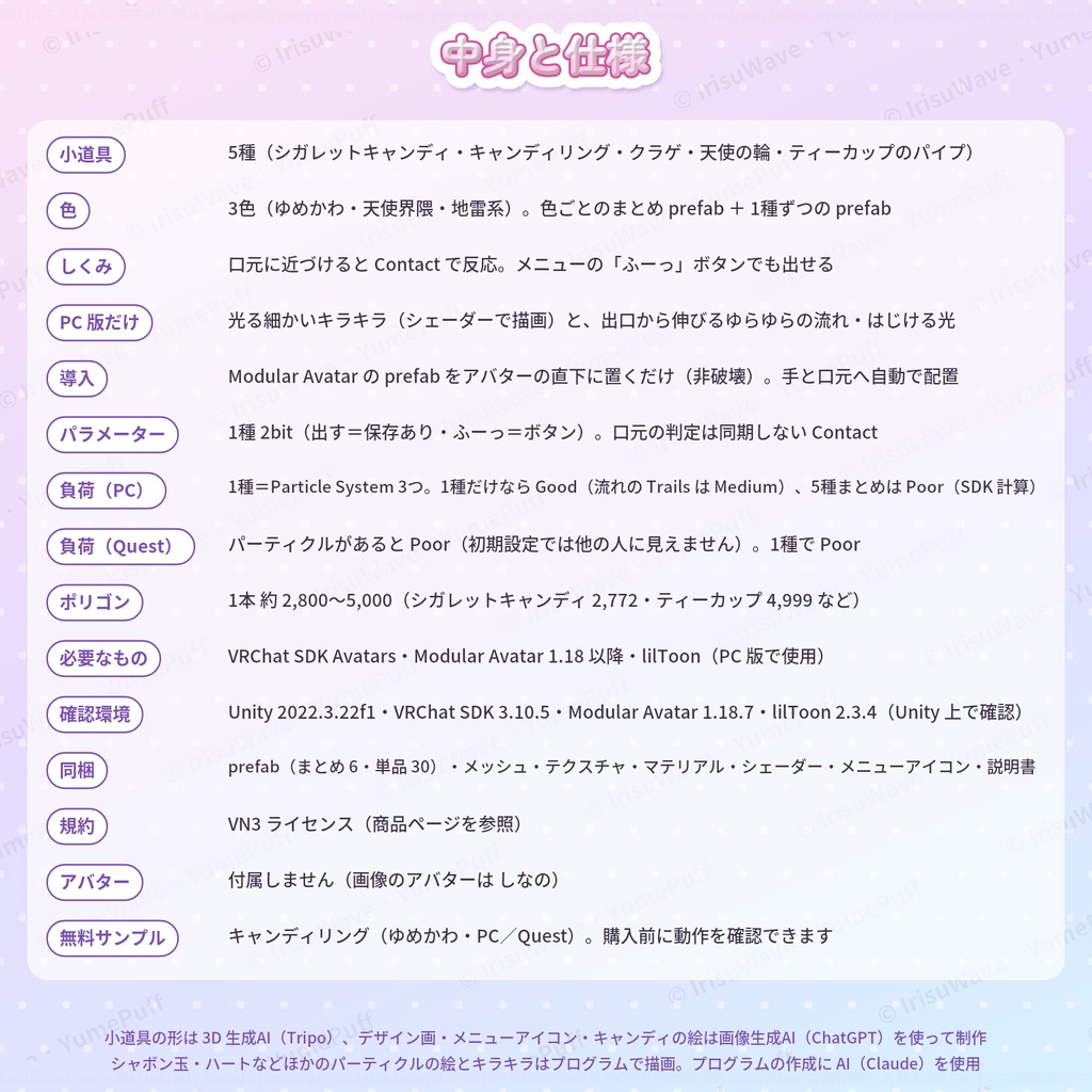 ゆめかわシャボン玉 YumePuff|5種 × 3色(キャンディリング・ティーカップ・クラゲ・天使の輪・シガレットキャンディ/PC・Quest/Modular Avatar)