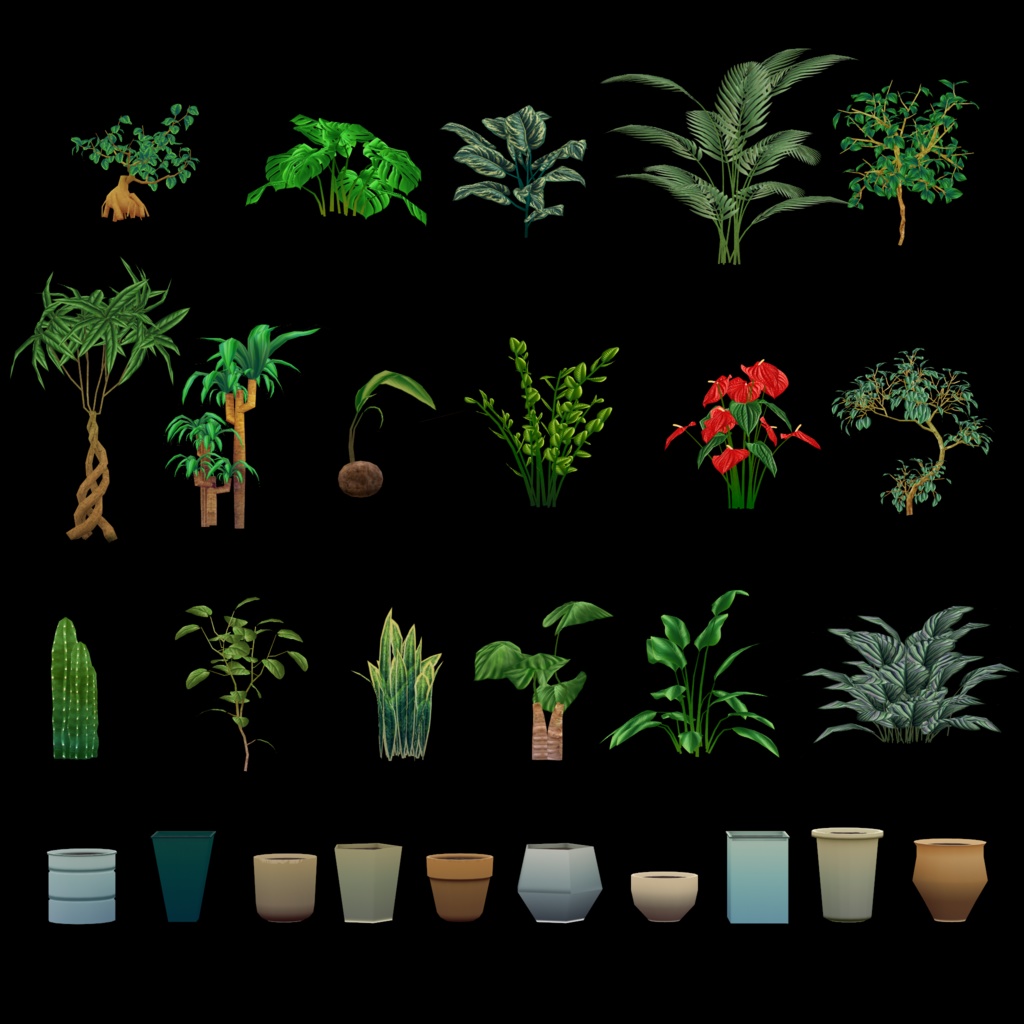 【3Dモデル】観葉植物17点×鉢10点の170パターンのVRchat用小物セット