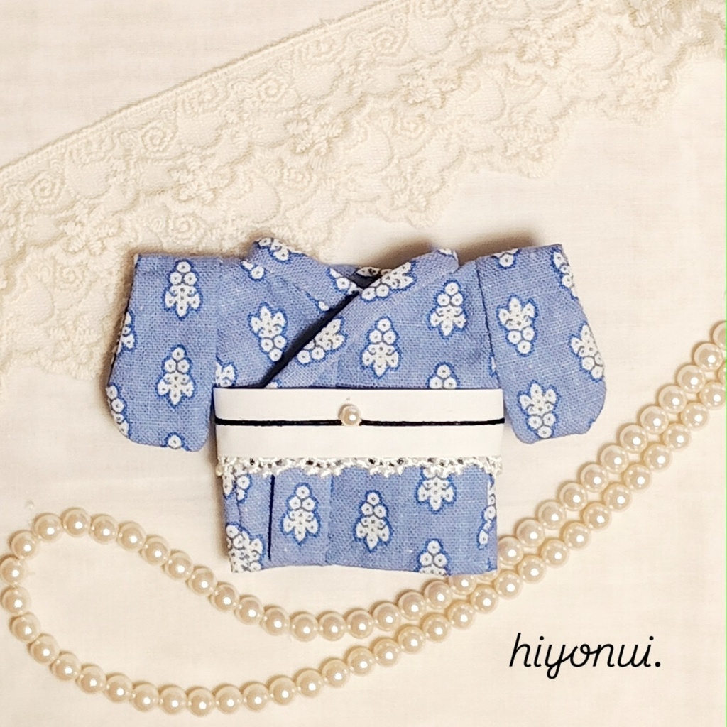 【レトロ風】16㎝ぬい服　✿水色白花着物　リボンレース帯