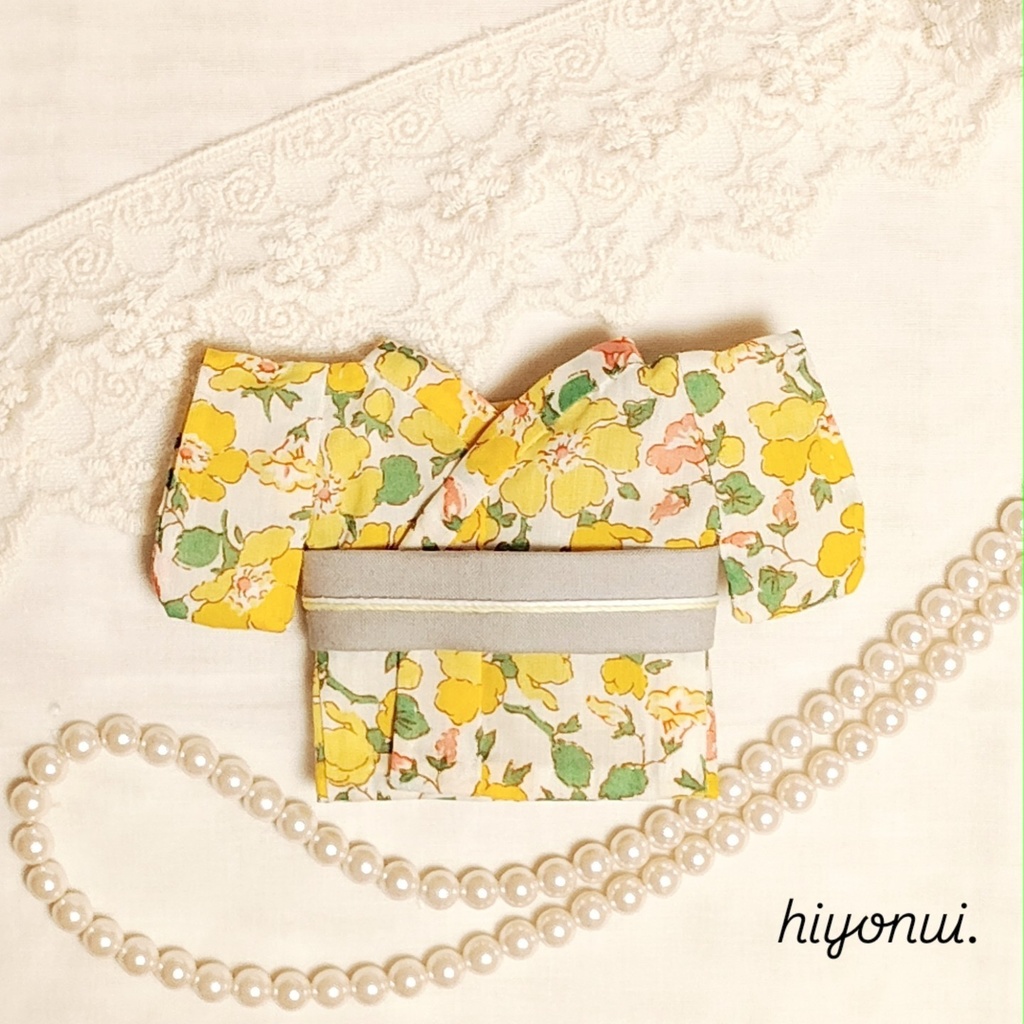 【レトロ風】16㎝ぬい服 ✿きいろの花柄着物 リボン帯