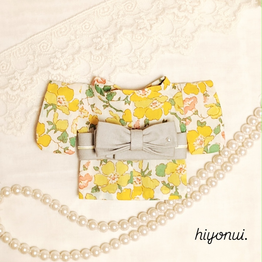 【レトロ風】16㎝ぬい服 ✿きいろの花柄着物 リボン帯