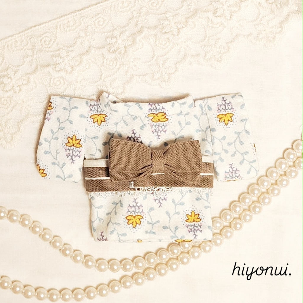 【レトロ風】16㎝ぬい服 ✿水色のつた柄着物 リボンレース帯
