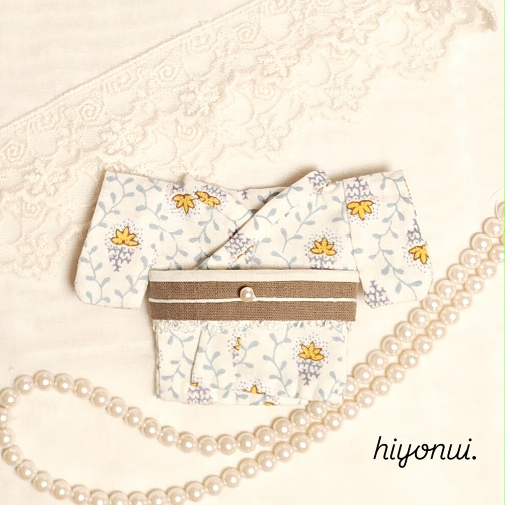 【レトロ風】16㎝ぬい服 ✿水色のつた柄着物 リボンレース帯