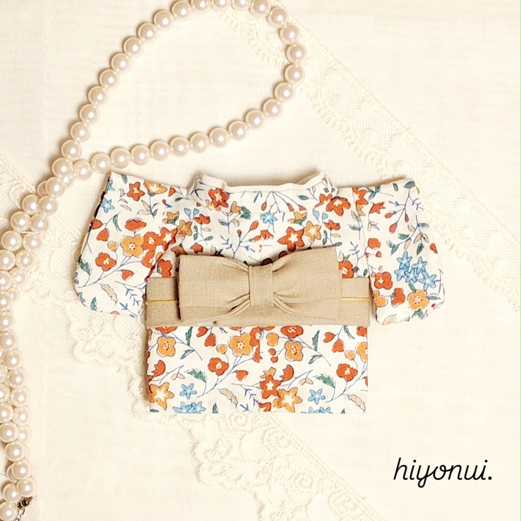 【レトロ風】16㎝ぬい服 *オレンジ小花着物 リボン帯
