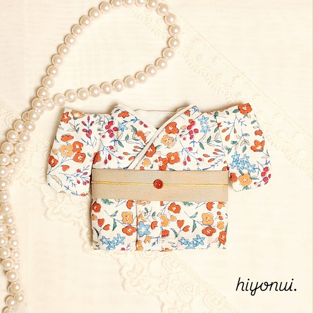 【レトロ風】16㎝ぬい服　＊オレンジ小花着物　リボン帯