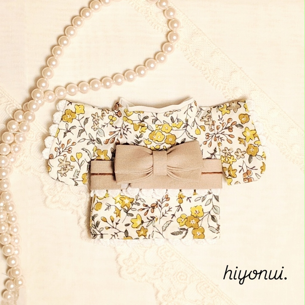 【クラシカル】16㎝ぬい服*イエロー小花着物 リボンレース帯