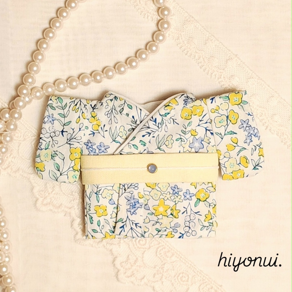 【レトロ風】16㎝ぬい服 *黄青小花着物 リボン帯
