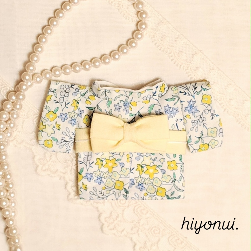 【レトロ風】16㎝ぬい服 *黄青小花着物 リボン帯