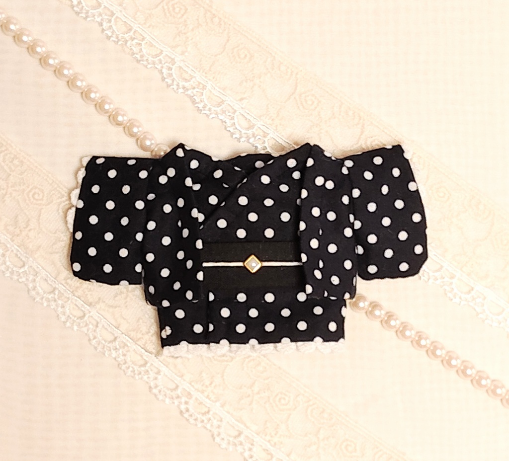 【レトロ】16㎝ぬい服 ＊黒ドット羽織・着物・リボン帯　3点セット