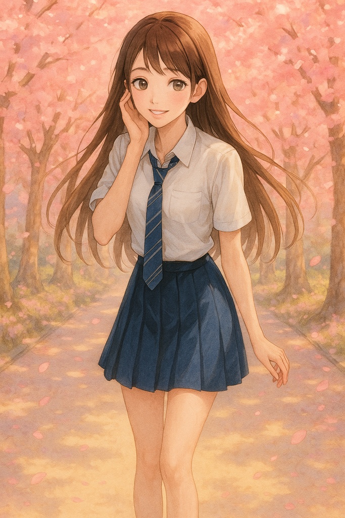 「春の微笑み」桜並木と女子高生の水彩風アート