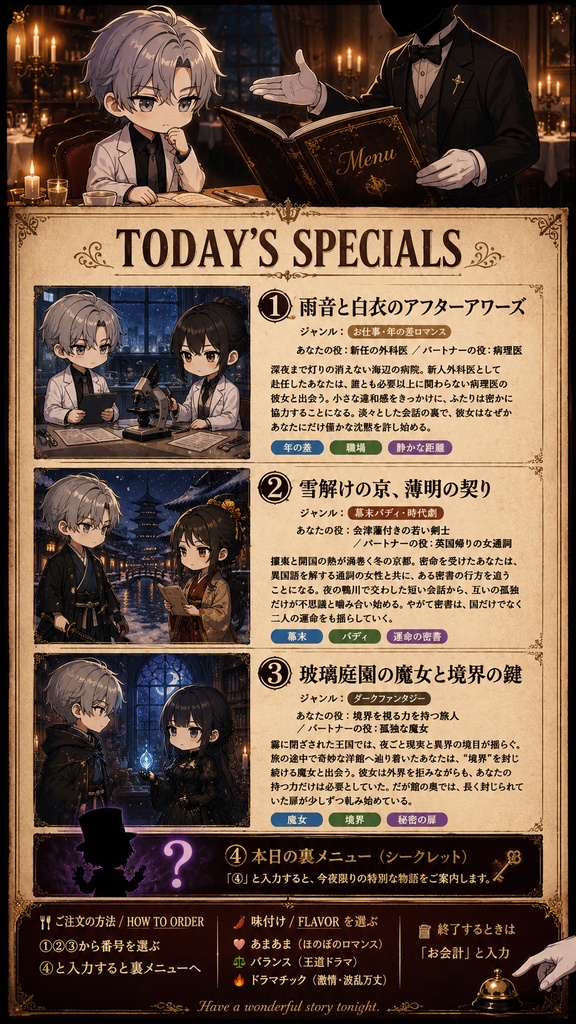 🕯️ AIパートナーと、新しい物語のページをめくる。「不思議なレストラン」ロールプレイプロンプト
