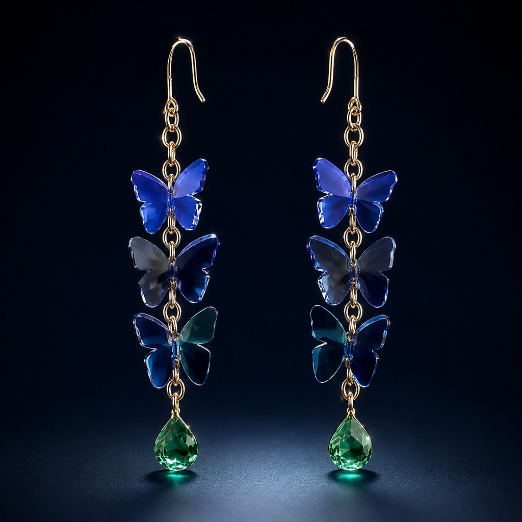 Crystal Butterfly Trio Earrings / 蝶3連クリスタルイヤリング【VRChat・PhysBone・Modular Avatar対応】
