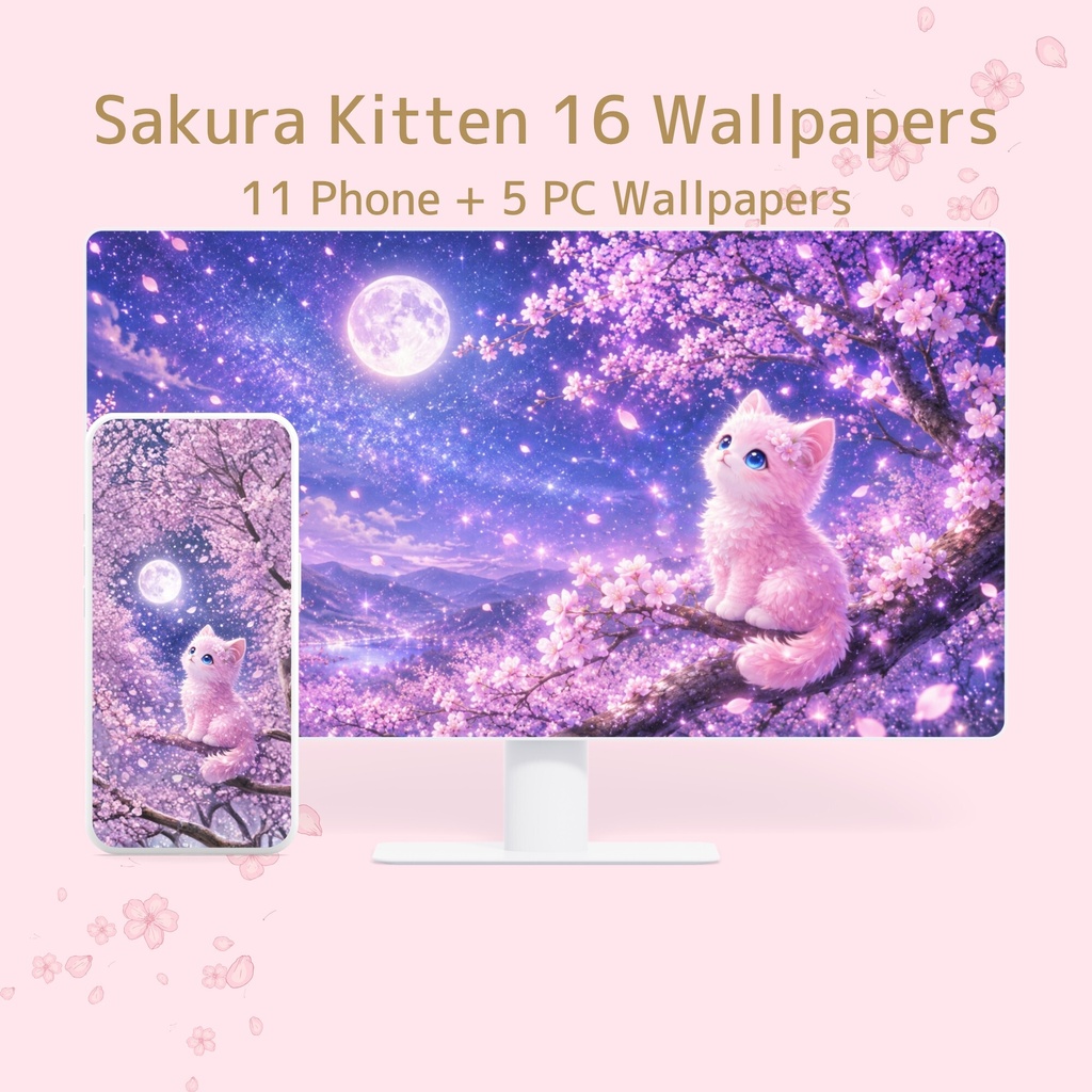 Kawaii 桜子猫壁紙16枚セット|スマホ&PC対応|猫 スマホ壁紙 デスクトップ壁紙|ピンク パステル