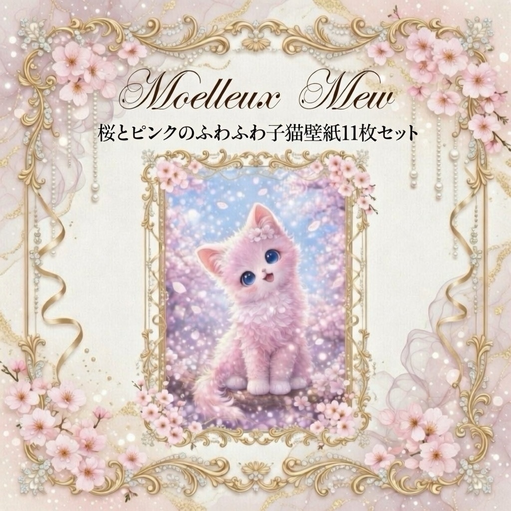 【桜子猫のスマホ壁紙11枚セット】Moelleux Mew（モワルー・ミュー） 桜とピンクのふわふわ子猫のスマホ壁紙セット
