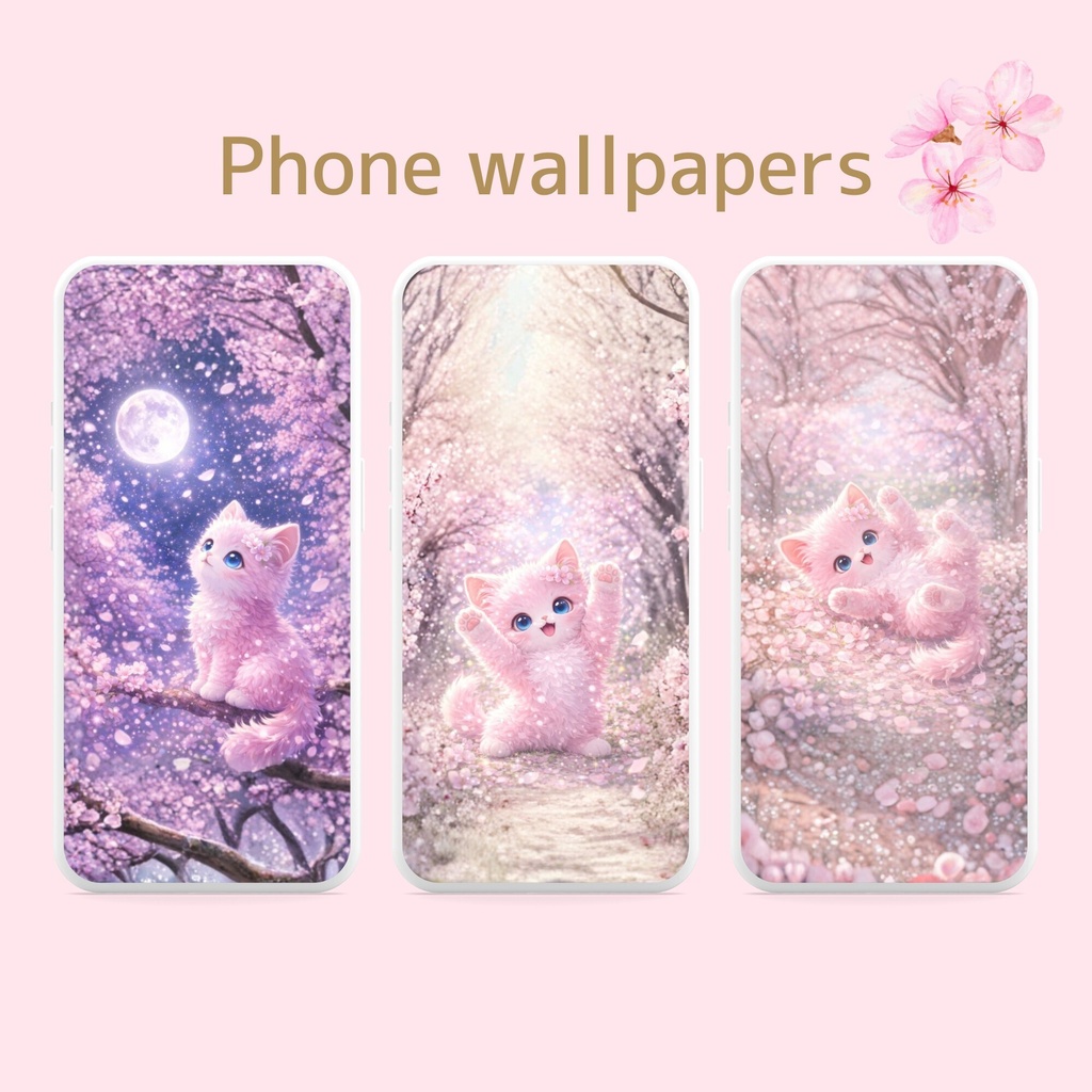 Kawaii 桜子猫壁紙16枚セット|スマホ&PC対応|猫 スマホ壁紙 デスクトップ壁紙|ピンク パステル