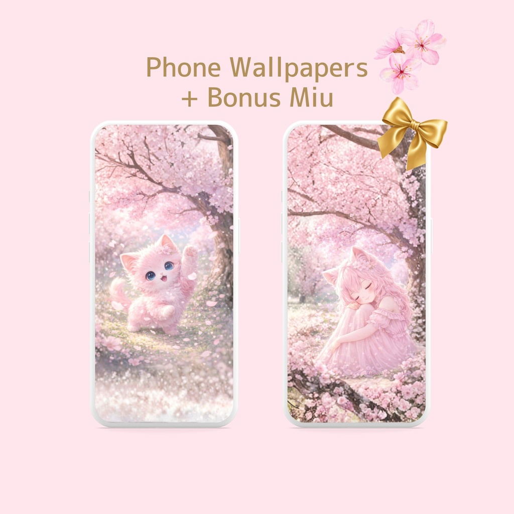 Kawaii 桜子猫壁紙16枚セット|スマホ&PC対応|猫 スマホ壁紙 デスクトップ壁紙|ピンク パステル