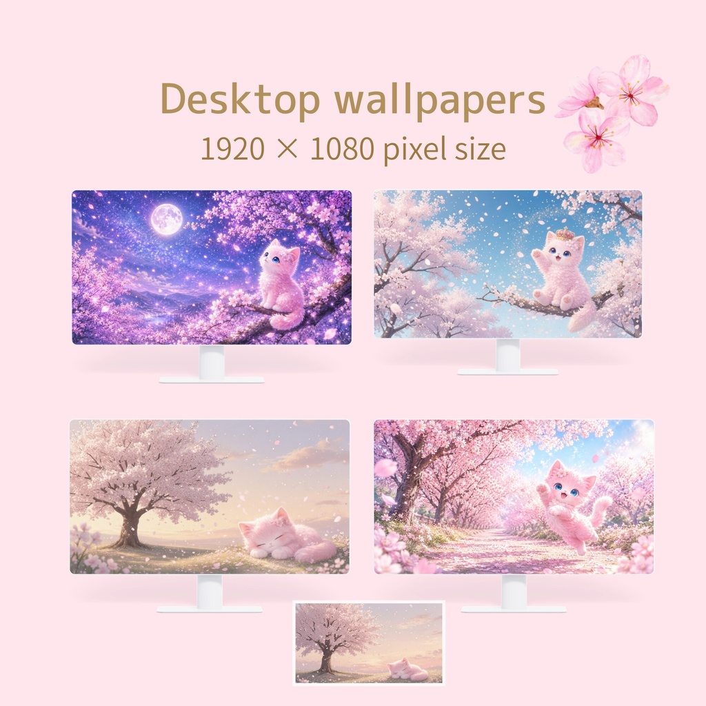 Kawaii 桜子猫壁紙16枚セット|スマホ&PC対応|猫 スマホ壁紙 デスクトップ壁紙|ピンク パステル
