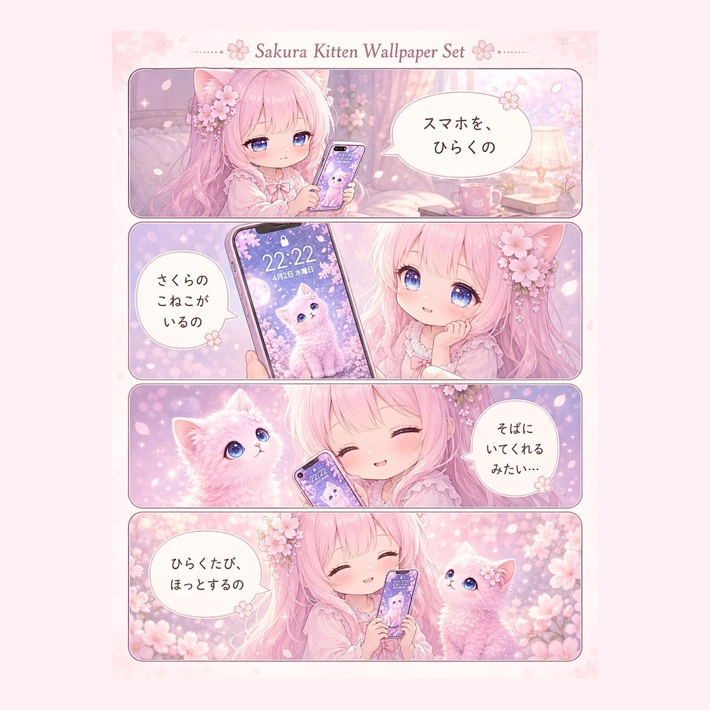 Kawaii 桜子猫壁紙16枚セット|スマホ&PC対応|猫 スマホ壁紙 デスクトップ壁紙|ピンク パステル