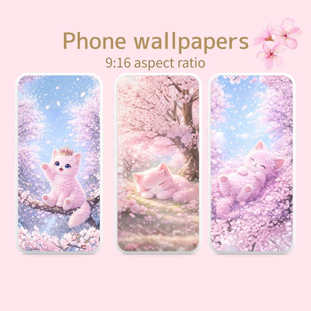 Kawaii 桜子猫壁紙16枚セット|スマホ&PC対応|猫 スマホ壁紙 デスクトップ壁紙|ピンク パステル