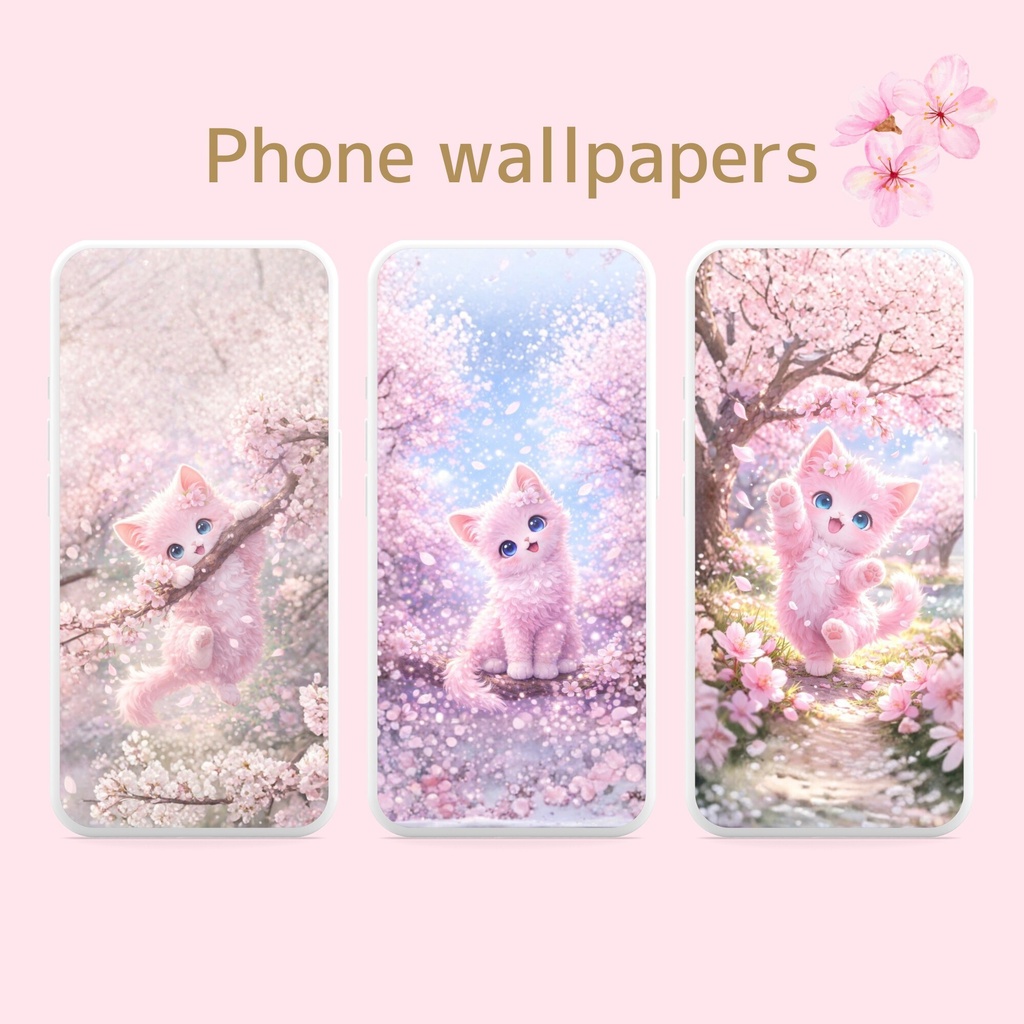 Kawaii 桜子猫壁紙16枚セット|スマホ&PC対応|猫 スマホ壁紙 デスクトップ壁紙|ピンク パステル