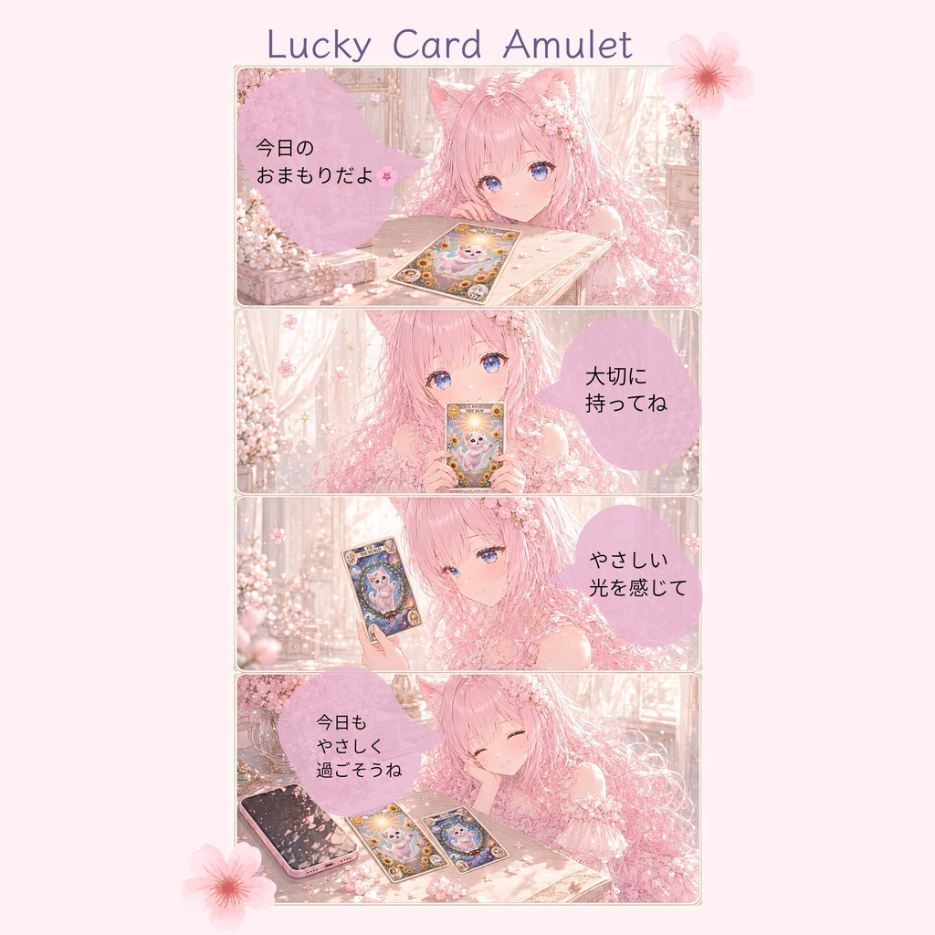 【3枚セット】タロット風スマホ壁紙|桜子猫のラッキーカードアミュレット+特典ゴールド背景♡