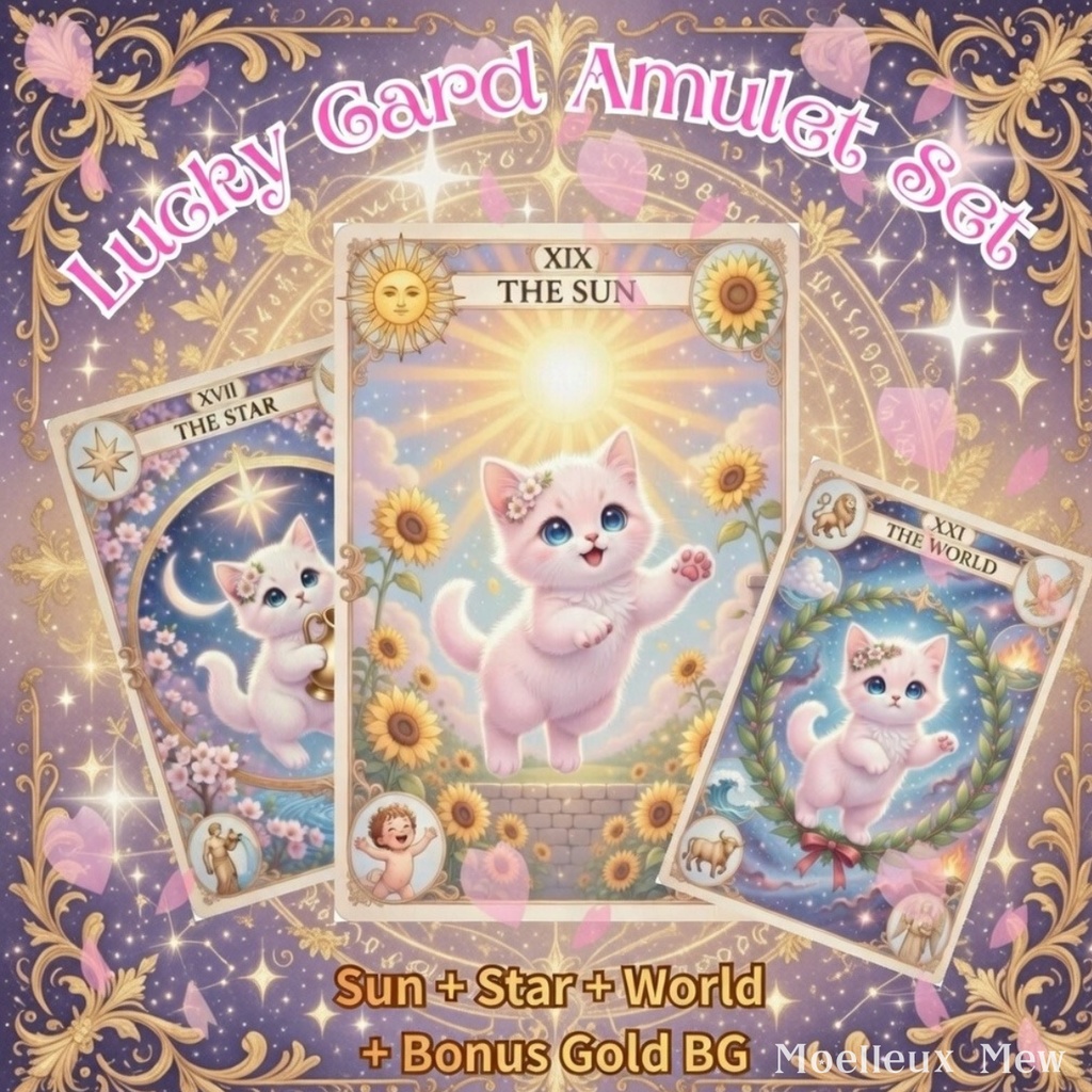 【3枚セット】桜子猫のラッキーカードアミュレット｜タロット風お守り壁紙＋特典ゴールド背景♡