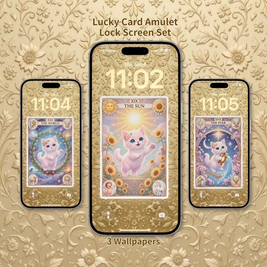 【3枚セット】タロット風スマホ壁紙｜桜子猫のラッキーカードアミュレット＋特典ゴールド背景♡