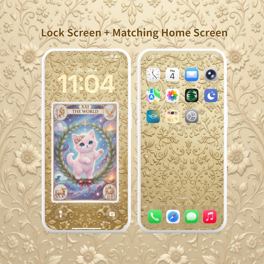 【3枚セット】タロット風スマホ壁紙|桜子猫のラッキーカードアミュレット+特典ゴールド背景♡