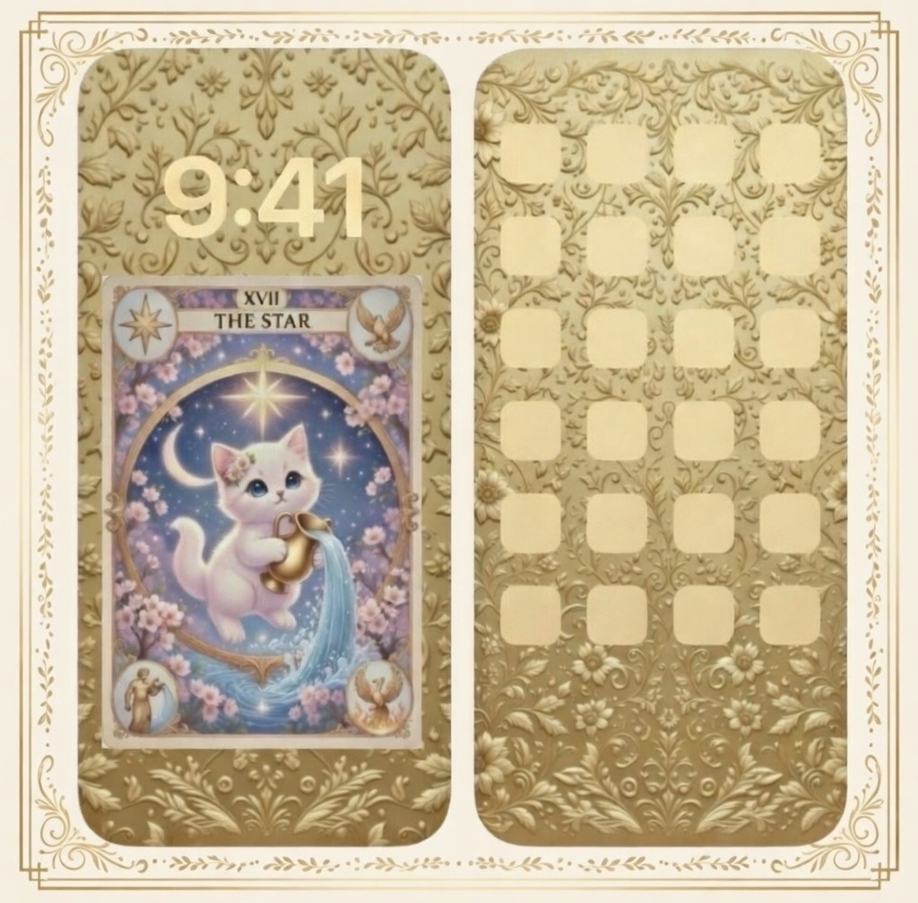 【3枚セット】桜子猫のラッキーカードアミュレット|タロット風お守り壁紙+特典ゴールド背景♡