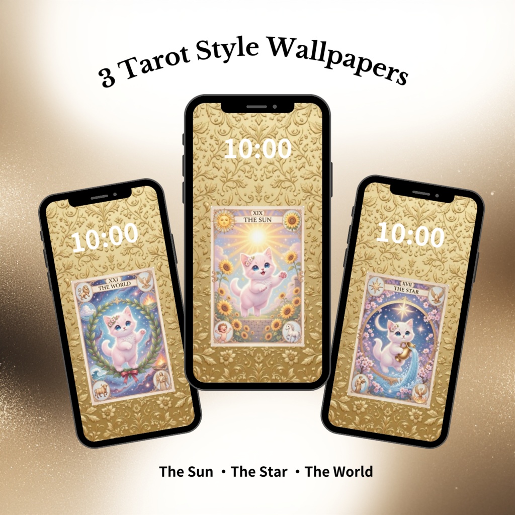 【3枚セット】桜子猫のラッキーカードアミュレット｜タロット風お守り壁紙＋特典ゴールド背景♡