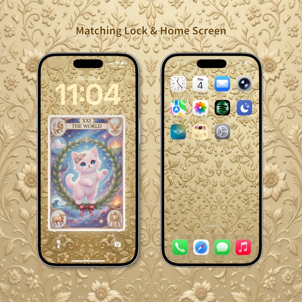 【3枚セット】タロット風スマホ壁紙|桜子猫のラッキーカードアミュレット+特典ゴールド背景♡