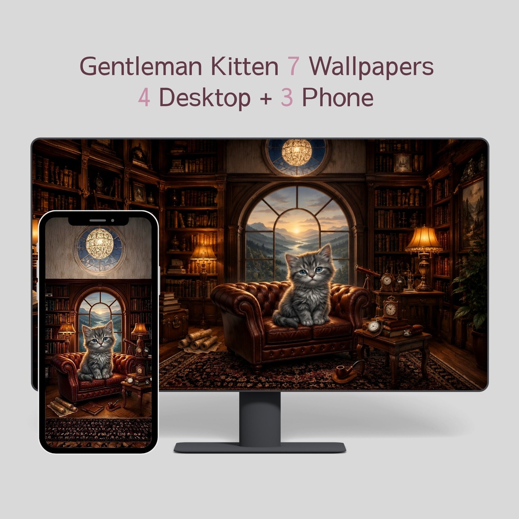 ジェントルマン子猫 🎩 壁紙7枚セット｜PC壁紙4枚＋スマホ壁紙3枚
