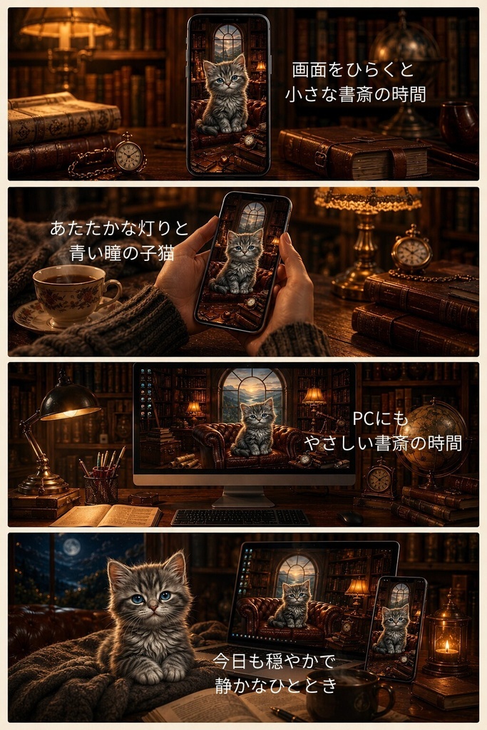 ジェントルマン子猫 🎩 壁紙7枚セット|PC壁紙4枚+スマホ壁紙3枚