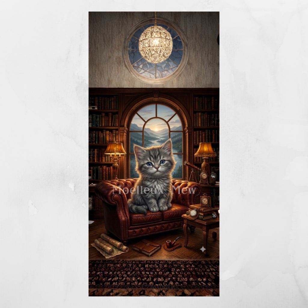 【書斎の子猫】iPhone 17 Pro Max対応✨アンティーク書斎でくつろぐ灰色子猫壁紙🎩 | Gentleman’s Library Kitten Wallpaper