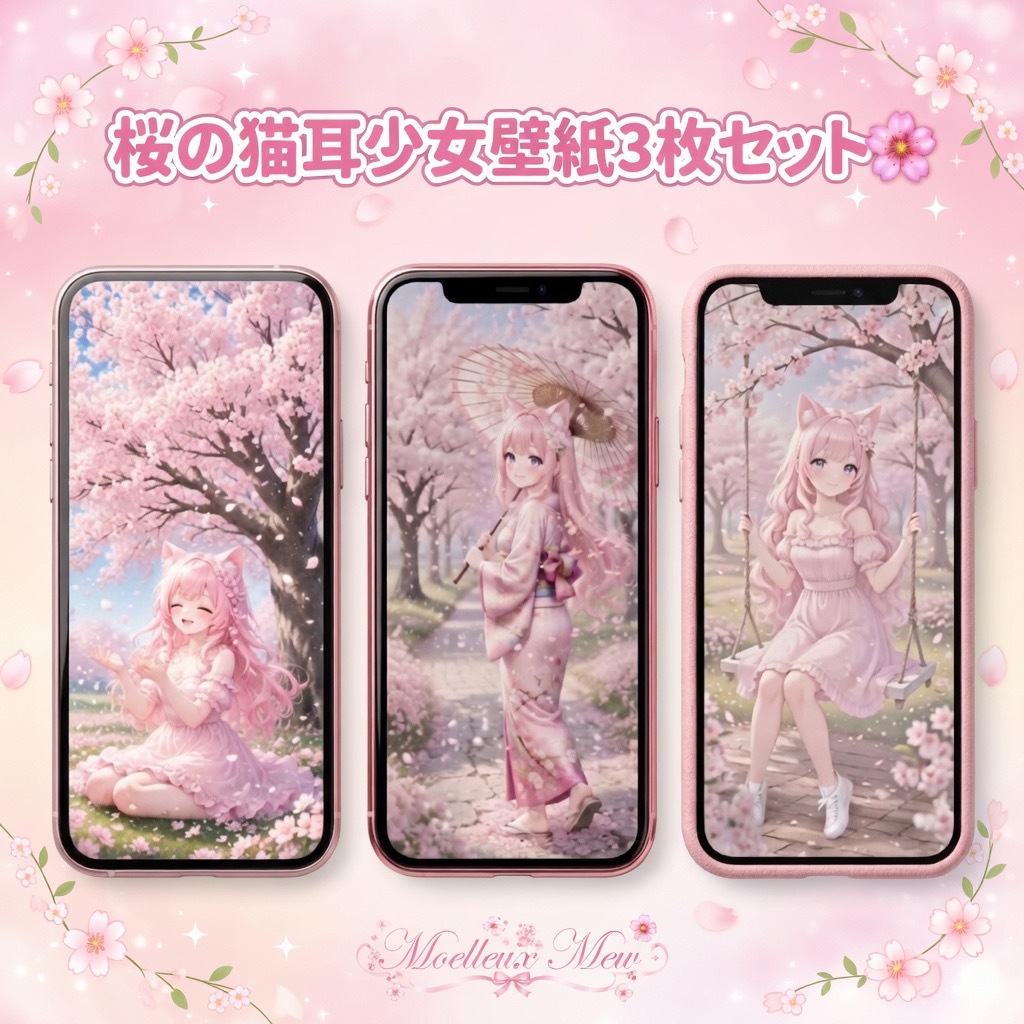 【3枚セット】桜の花びらと猫耳少女壁紙🌸 | Sakura Cat Girl Wallpaper Set