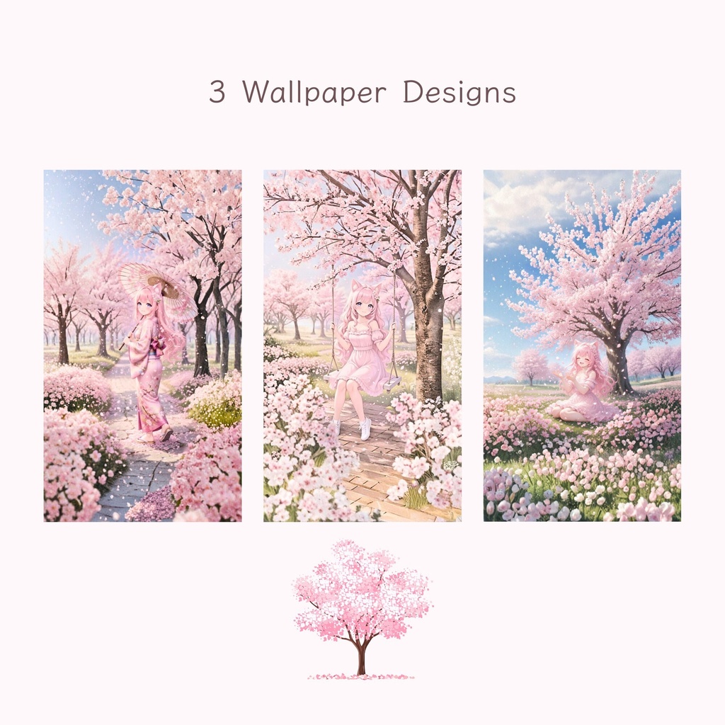 【3枚セット】桜の猫耳少女 Miu スマホ壁紙🌸|Sakura Cat Girl Miu Phone Wallpaper Set