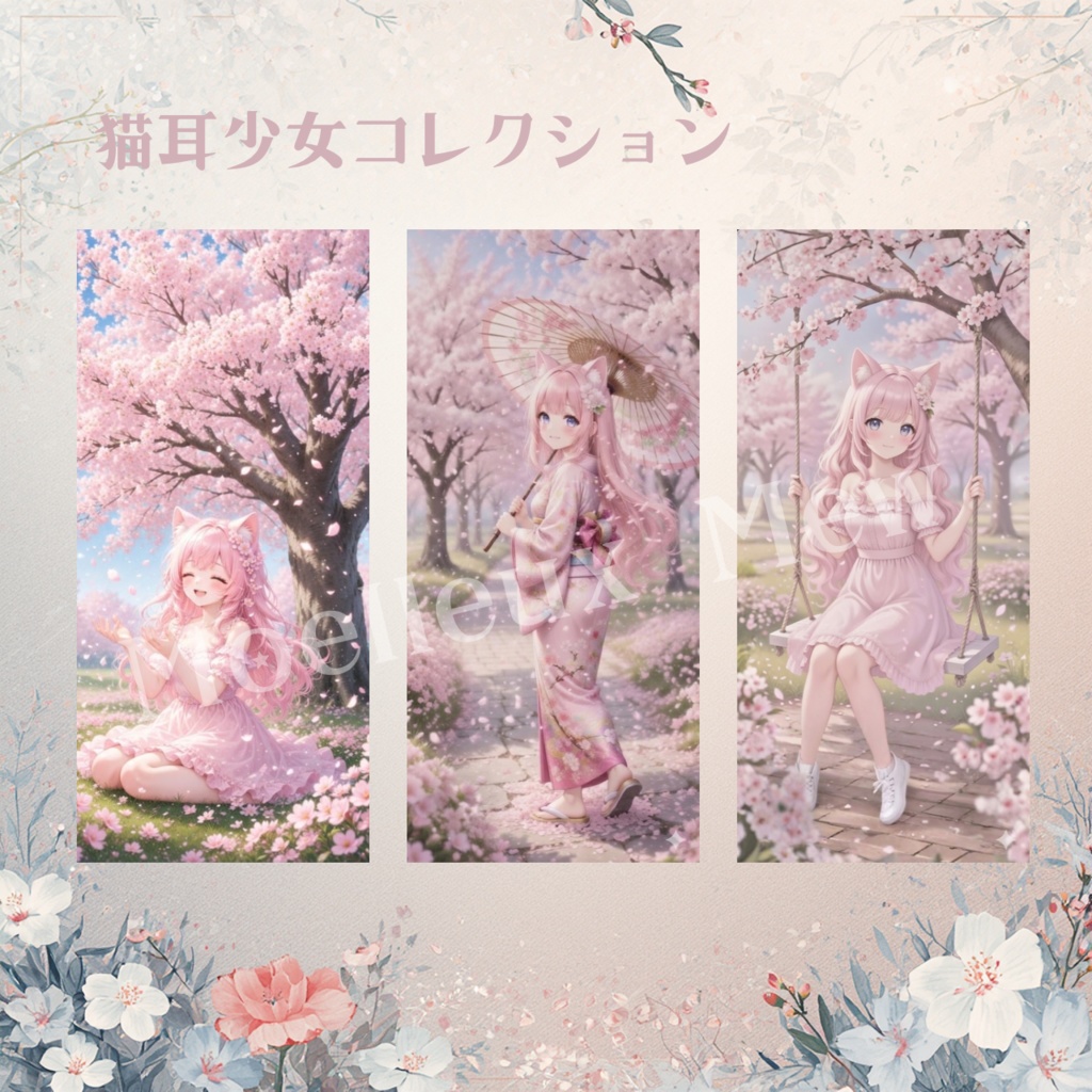 【3枚セット】桜の花びらと猫耳少女壁紙🌸 | Sakura Cat Girl Wallpaper Set