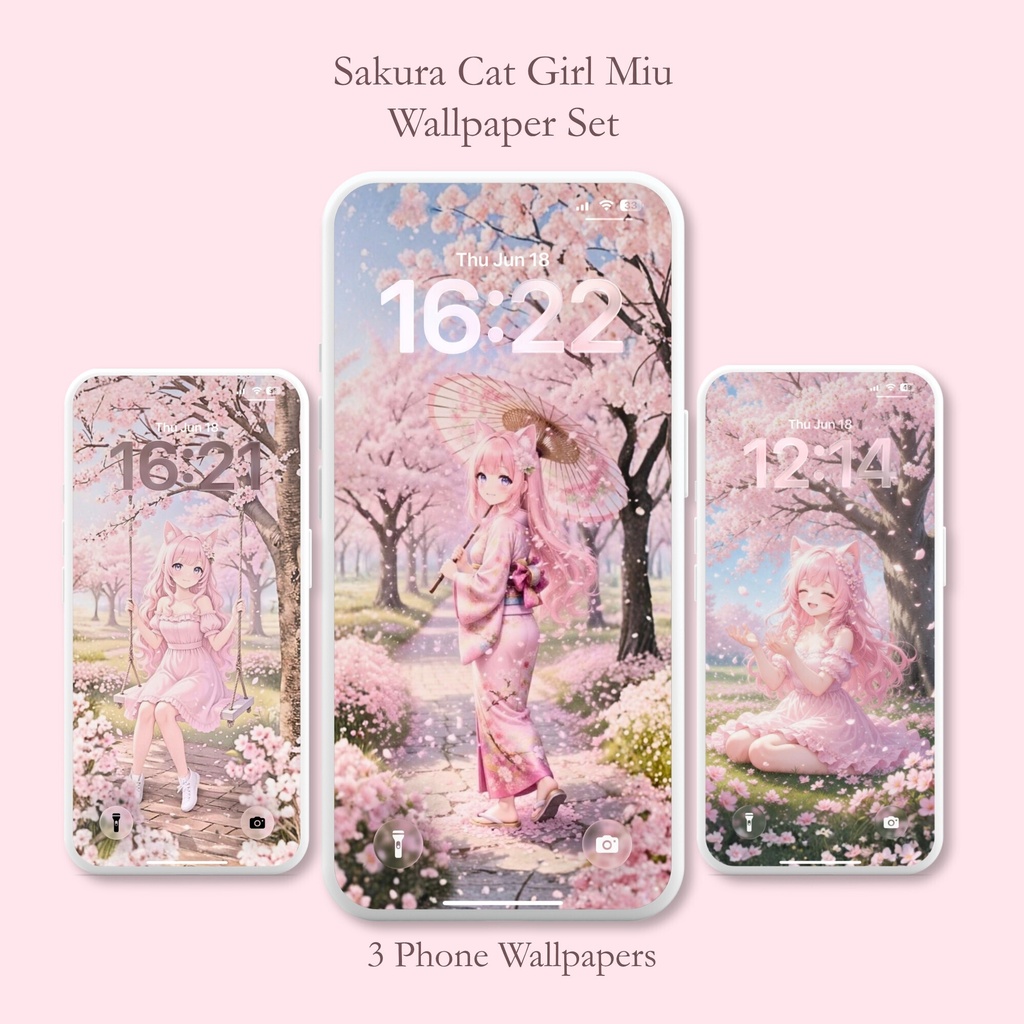 【3枚セット】桜の猫耳少女 Miu スマホ壁紙🌸｜Sakura Cat Girl Miu Phone Wallpaper Set