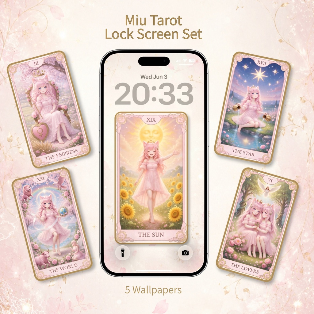 【Miu】猫耳少女のタロットロック画面壁紙5枚セット｜パステルゆめかわスマホ待ち受け