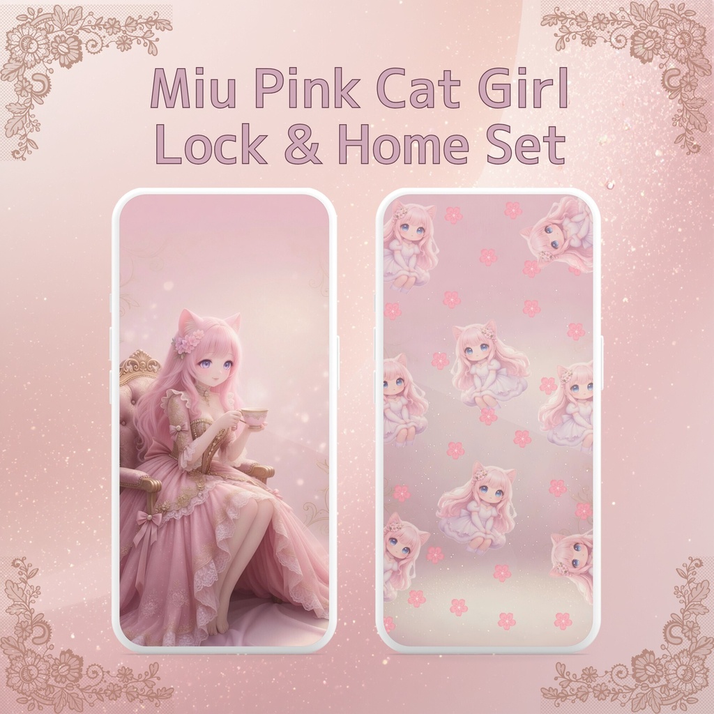 Miu Pink Cat Girl 壁紙2枚セット|ロック画面&ホーム画面用
