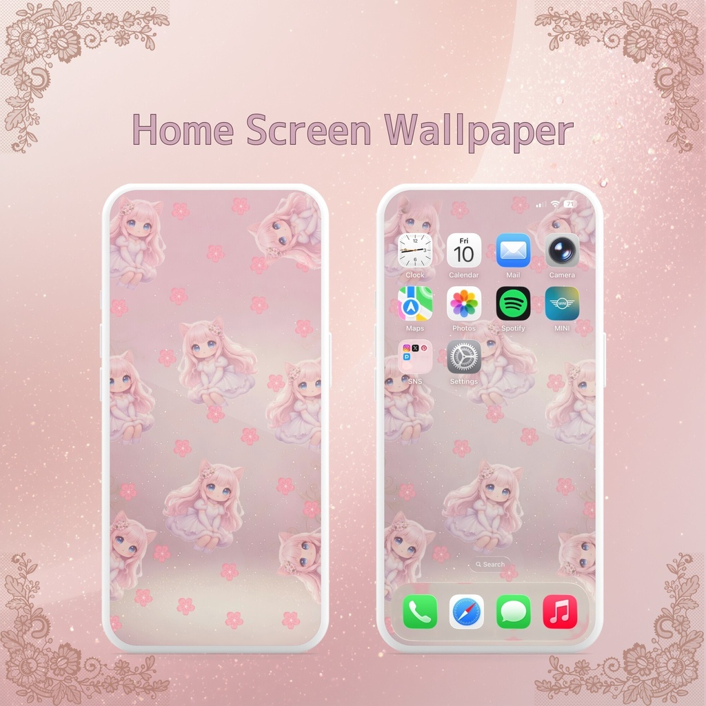 Miu Pink Cat Girl 壁紙2枚セット|ロック画面&ホーム画面用