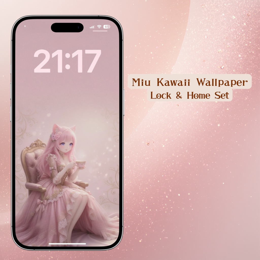 【Miu】ピンク猫耳少女 かわいいマッチング壁紙セット（ロック＋ホーム）